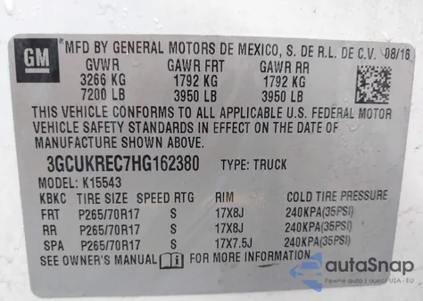 2017 Chevrolet Silverado 1500 1Lt from USA, damaged, VIN 3GCUKREC7HG162380